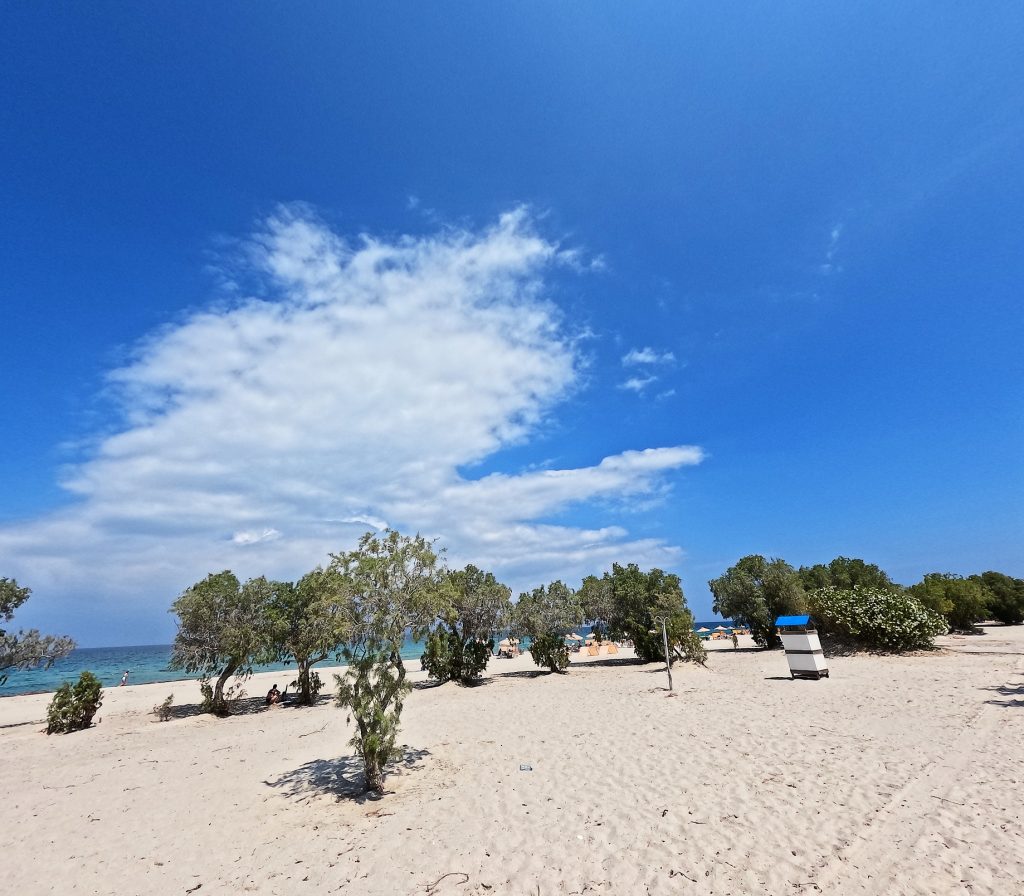 Bäume und eine Umkleide am Strand von Mastichari.